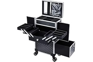 KZRUEB Kosmetik Trolley Friseurkoffer mit Schublade und Spiegel Kosmetikkoffer mit 4 Tabletts Make up Koffer Groß Schminkkoffer Nagelkkoffer Abschließbare Beauty Case Friseur Box,Schwarz