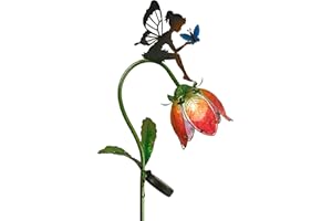 TERESA'S COLLECTIONS Garden Ornaments Outdoor for Garden Gifts, Fairy Sitting on Glass Flower Solar Stake Lights, Metal Angel Tulip Solar Lights for Garden Decorations, Best Gifts for Mom, 42inch