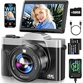 WiFi Photo Camera, 64MP 4K Autofocus Compact Digital Camera with 180&deg; Flip Screen 3" 16X Digital Zoom, 32GB Card Charging Sta