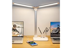 iVict Dual Swing Arm LED Desk Lamps, 5 Light Modes x 10 Brightness Levels Desk Light with USB Charging Port, 45 Minutes Auto Timer Table Lamp, Desk Lamp for Home Office, Bedroom, Reading