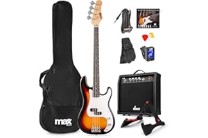 MAX GigKit Bassgitarre Set, E Bass Gitarre, Bass Guitar mit Gitarrenverstärker, Tasche, Stimmgerät, Plektren, Ständer, Gurt, Kabel und Ersatzsaiten - 21 Bünde - Sunburst