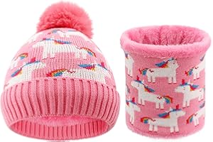 QKURT Kids Winter Beanie Snood Set, Kids Knitted Hat with Unicorn Pattern Neck Warmer with Thick Fleece Toddler Winter Accessories Sets Suitable for 2-6 Years old