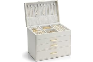 Vlando Jewellery Box for Women, 4 Tier Jewellery Organiser with Necklace Holder, Boxes & Organisers for Ring Bracelet and Watch, Gift for Women,Cream White