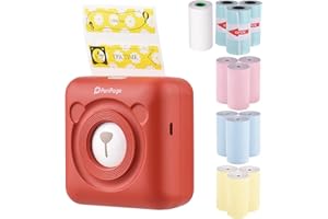 Bisofice Stampante fotografica A6, mini stampante termica tascabile, portatile, wireless, per etichette, memo, ricevute, con 12 rotoli di carta termica, 57 x 30 mm, rosso