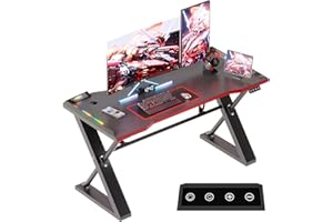 Xyphren 120 * 55 cm Gaming Desk with LED Lights Screen, Gaming Table Thickened Z Shaped, Gamer Desk with Carbon Fiber Coated, Gaming PC Desk, Computer Desk Easy to Assemble, Carbon Fiber Black