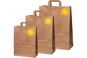 tortoba Medium 50 Pcs FlatHandle Kraft Bags 10x8x5– Recyclable 80gsm Brown Paper | Flat Handles | Eco Bags for Takeaway, Shopping & Gifts