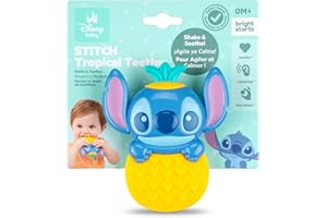 Bright Starts Disney Baby Sonajero y mordedor Tropical Teethe de Stitch, mordedor interactivo con forma de piña, para recién nacidos y mayores