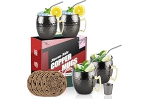 Eligara Moscow Mule Tazas Juego de 4 Taza de Cobre Puro 100% Hecha a Mano, Juego de Regalo con 1 Vaso de Chupito 4 Pajitas y 4 Posavasos