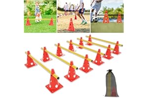 Froadp Agility Sports zestaw 6 przeszkód do wbijania w płoty stożkowe, trening koordynacyjny z czerwonymi wiaderkami 32 cm, stożkiem i żółtym drążkiem 100 cm, dla dzieci lub psów, do skakania,