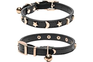 DAIHAQIKO Collare in pelle per gatti maschio e femmina con campanello e cintura elastica di sicurezza Collare a stella e luna per gatti piccoli e grandi
