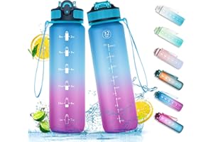 NAVTUE Water Bottle, 1L Sports Water Bottle with Straw, Time Markings, Leak Proof, Tritan BPA free for School, Cycling, Running (1 Bottle)