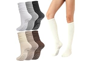 Meunhy 6 Pairs Slouch Socks Women,Grip Socks for Pilates & Yoga - Long Tube,Stretchy,Stackable,Non-Slip knitted Outfits Accessory,Perfect for Ballet & Gymnastics,All-Season