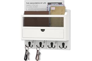 Nekon Key Holder with Drawer for Wall, 12" W x 10" H x 3.1" D Mail Sorter Wall Mounted, Wooden Key Holder Home Organizer Letter Sorter for Letter Magazines (White)
