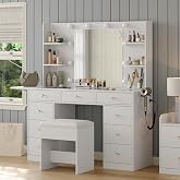 Yanosaku Makeup Vanity with Dimmable Lighting and Oversized Rectangular Mirror, 9 Drawers, 4 Open Compartments and Outlets, C