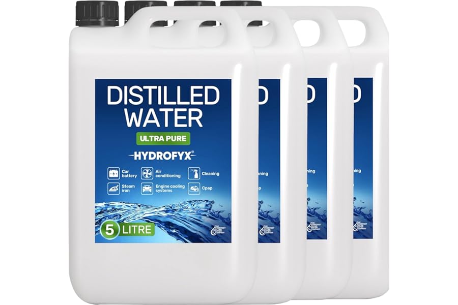 HYDROFYX 20L (4 x 5L) Distilled Water – 0ppm Ultra-Pure, Lab Certified – Made in UK – Ideal for CPAP, Automotive, Cleaning, Steam Irons & More