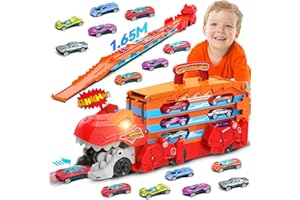 TERRAMUS Dinosaur Transport Truck Toys Car for Boys Aged 3 4 5 6, 3-In-1 Portable Truck Toy with 8 Race Cars, Ejection Folding Dinosaur Track Toy with Sound, Best Gift Carrier Vehicles Set for Kids