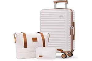 SHOWKOO Suitcase Medium 24-Inch Set Lightweight Expandable 100% PC Hard Shell Durable Trolley Carryon Luggage Double Spinner Wheels TSA Lock with Travel Duffels Bag +Toiletry Bag, Beige White