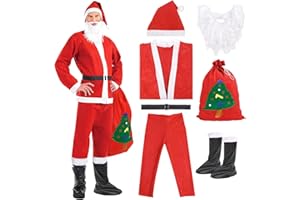 SanRes Disfraz papa noel Adulto Juego de 7 Piezas, Papa Noel, Santa Claus,Traje papa Noel Adulto, con Casaca, Pantalones, Cinturón, Sombrero, Cubrebotas, Barba y Bolsa de Regalo