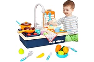 IGUGI Lavello giocattolo con acqua di rubinetto,Lavello per Bambini,Cucina Giocattolo per Bambini,Giocattoli di Ruolo per Finta con Rubinetto & Playset di Piatti,Mini Lavastoviglie Giochi(Blu)