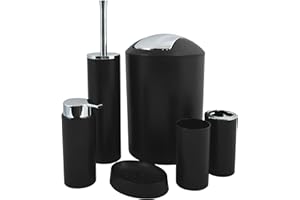‎MSV MSV Badezimmer Set, 6-teiliges Badzubehör Seifenspender, WC Bürste, Seifenschale, Kosmetikeimer und Zahnputzbecher Schwarz matt