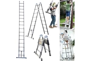 7SEVENJOKERS Scala telescopica pieghevole in acciaio inossidabile da 5 m con stabilizzatore, scala estensibile con telaio da 2,5 m + 2,5 m, carico massimo 150 kg, certificato EN131