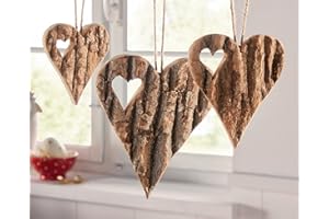 ‎DEKOLEIDENSCHAFT 3er Set Herzhänger „Rinde“ aus Holz, rustikales Tür, Wand & Fenster Deko-Herz, braun, hängend