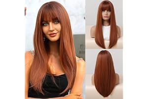 Kellynee Ginger Wig with Bangs - Auburn Wigs for Women, Copper Red Long Straight Realistic Hair, Dark Roots, Best Natural Synthetic Heat Resistant Wigs for Daily/Halloween/Party/Cosplay