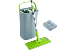 EASY GLEAM EasyGleam Kit Balai Serpillère & Seau Essoreur - Balai en Microfibre Plat avec Manche INOX, Seau Double Compartiment Humide et à Sec, 2 Serpillères Réutilisables, Tous Types de Sols
