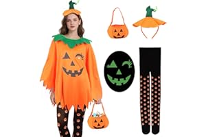 KYOEOE Kürbis Kostüm Damen,4pcs Glow in The Dark Halloween Kostüm Kürbis Lustig mit Haarreif & Süßigkeitentasche & Strumpfhose Set,Kürbiskostüm Erwachsene Pumpkin Costume Kürbiskleid Fasching Party