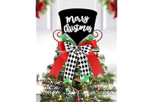 KAHEIGN Adornos para Copa del Árbol de Navidad, 25CM Grande Negro Sombrero con Pan de Jengibre y Lazo de Cuadros para Hogar Vacaciones Invierno Fiesta Decoración