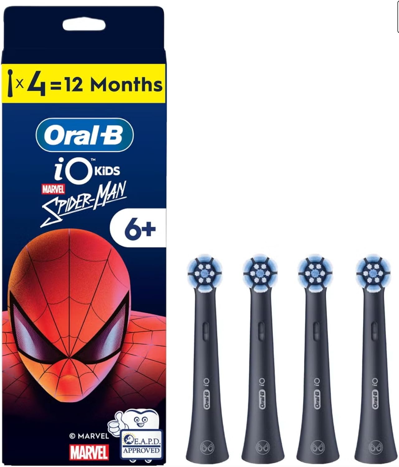 Oral-B iO Kids 6+ Marvel Spiderman Cabezales para cepillo de dientes eléctrico Oral-B iO Kids para niños a partir de 6 años, suave para dientes y encías, 4 unidades, color negro