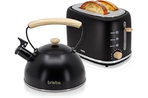 briebe Nordic Ensemble Grille Pain 2 Fentes Tranches Larges, 6 Niveaux de Dorage + Bouilloire Induction Sifflante 2,3L, Acier Inoxydable, sans BPA, Pack Petit Déjeuner, Design Nordique, Noir