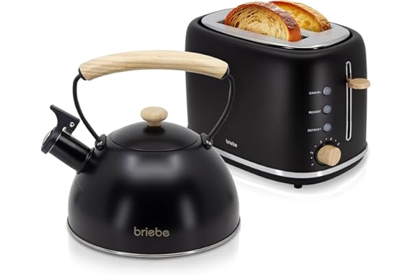 briebe Nordic Ensemble Grille Pain 2 Fentes Tranches Larges, 6 Niveaux de Dorage + Bouilloire Induction Sifflante 2,3L, Acier Inoxydable, sans BPA, Pack Petit Déjeuner, Design Nordique, Noir