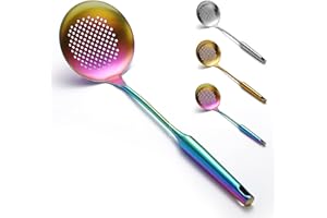 Evanda Abschäumer, 38 cm Edelstahl Küchensieb mit bunten Titan-Plating, geschlitzte Löffel, mit Komfort-Griff und hängenden Löchern, Siebe für die Küche
