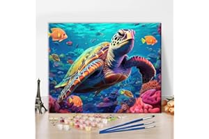 TISHIRON Tortue DIY Peinture par numéros pour adultes débutants Kits colorés Coraux Peinture à l'huile Mer Monde Illustration Image Toile Acrylique Pigment Artisanat pour la Décoration Murale Maison Cadeau 40