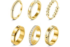 LOFITOR 6 Stück Anti-Angst Spinner Ringe Fidget Band Ring für Stress Angstlinderung für Damen Herren Edelstahl Roller Anti-Stress Ringe Set Coole Anxiety Band Ring CZ Mond&Stern Gold Silber