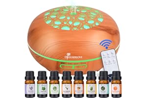 Diffuserlove Diffuseur 550ML Diffuseur Huiles Essentielles Electrique Télécommandé Grain de Bois Brume Fraîche Humidificateur Arrêt Automatique sans Eau pour Maison Chambre Yoga Bureau