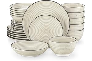 vancasso Bonbon Beige Dinner Set, 24 Pieces Dinner Sets for 6 People, Handpainted Swirls Plates and Bowls Set in Rustic Look, Include Dinner Plates, Dessert Plates, Pasta Bowls and Cereal Bowl