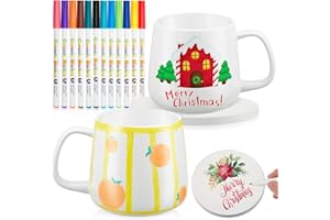 Geiserailie 2 Tazze da Dipingere in Ceramica Bianca 2 Sottobicchieri 12 Penne in Porcellana Tazze Caffè Fai da Te Kit Regalo per Insegnanti, Sottobicchieri Non Riscaldano in Forno(Pancia Grande)