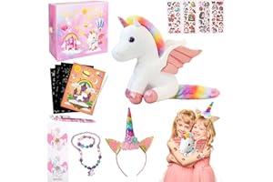 Echehi Peluche Licorne 15Pcs, Jouet Licorne Fille 3-8 Ans, Licorne Jouet Comprend Une Licorne Peluche, des Cartes à Gratter, Un Serre-Tête, Un Collier Bracelet Cadeau de Noël d'anniversaire