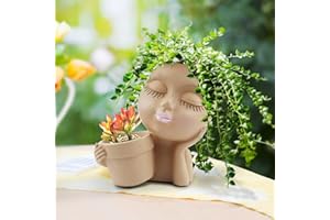 EZESO Macetas de cara de chica, macetas de cara bonita, maceta de resina artística con agujero de drenaje, lindas macetas de cara de mujer para plantas de interior y exterior (beige)