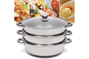 SHIYINGE 3-Lagiger 28Cm Edelstahl Dampfkocher Dampfgarer Stapelbar Dampfkochtopf KartoffeldäMpfer Gardampftopf Steamer FüR KüChe Schongarer Induktion Mit Glasabdeckung Dauerhaft Rostfrei Rund Silber