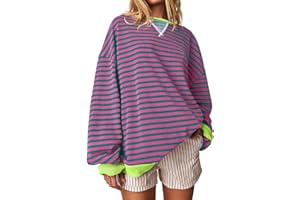 HGWOPGASD Womens Crewneck Oversized Sweatshirt Striped Color Block Tops Long Sleeve Shirts Pullover Sweaters Y2K Clothes