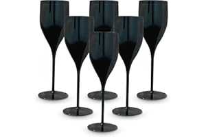 BRYNA BY AMZ BETTER BRYNA - Set 6 Piezas Vasos Flute de 18 Cl de Policarbonato (Plástico Rígido), 100% Diseño Italiano, Vasos Irrompibles, Copas de Vino Reutilizables y Lavables en Lavavajillas, Negro