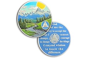 ATSKNSK Valley Sunrise 1 Year Sobriety Coin, Hope & Renewal AA Chip, Recovery Anniversary Tokens with Serenity Prayer, Sobriety Gifts for Men Women