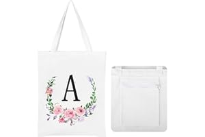 JNSMFC Floral Initial Canvas Tote Bag for Women,Personalized Letter Aesthetic Tote Bag with Zipper and Pocket