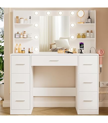 TRIUMPHKEY Schminktisch Mit LED Beleuchtung - 120cm Frisiertisch Mit 7 Schubladen