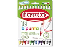 Pennarelli Bipunta Fibracolor, confezione 12 colori, punta conica e punta fine, doppio tratto di scrittura, superlavabili
