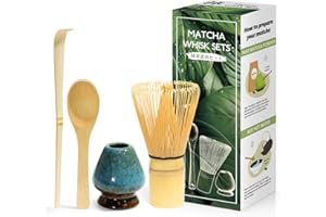 KURKIP 4 Pièces Matcha kit ceremonie japonais, Fouet matcha naturel, Cuillère en bambou, pelle en bambou, Porte-Fouet, Coffret matcha pour la cérémonie du thé, la boisson - Bleu rêveux