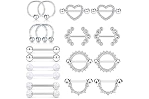 XSDSLS 9 Paires Piercing de Téton en Acier Inoxydable pour Femme,Set de piercings mamelons,Bijoux de piercing de corps,Piercing de Téton en Cœur Barbell Ring Round pour Femme